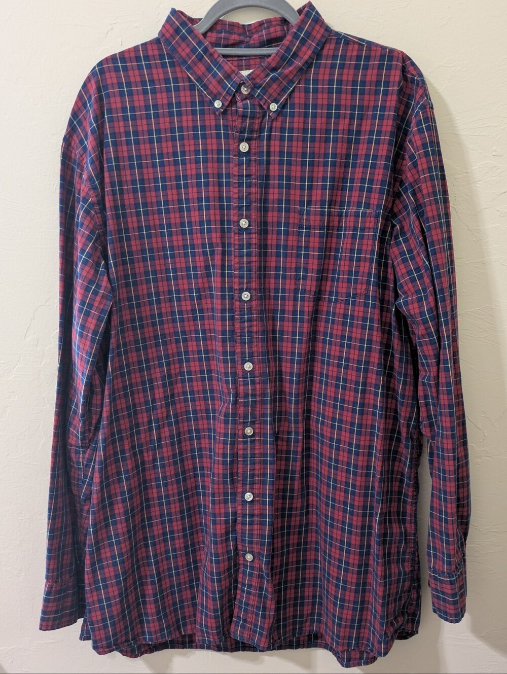 Men's Red and Blue Plaid Button-Down Shirt XXL Tall 100% Cotton